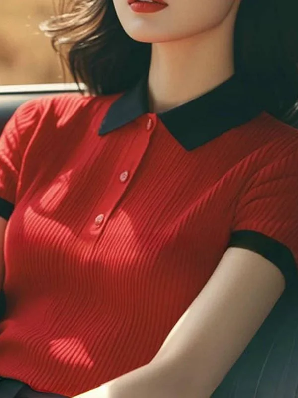 Athvotar Athvotar Splicing Bump Color Collar Knitting Shoulder Short-Sleeved T-Shirt Vertical Texture Thin Summer Women's Korean Top