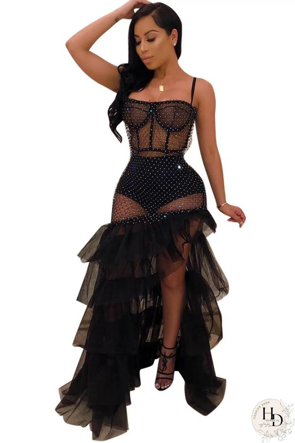 Black polyester fashion sexy spaghetti strap sleeveless slip ball gown floor-length