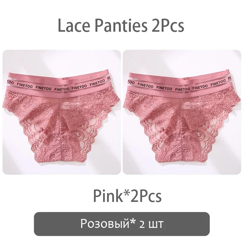 FINETOO 2Pcs Lace Panties Women Sexy Transparent Briefs Low Waist Floral Underwear Fashion Ladies Underpants L-2XL Girl Lingerie