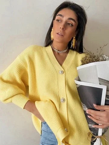 pornhint Pornhint Simplee Casual long knitted cardigan female autumn winter Loose lantern sleeve sweater cardigan Basic white button women's tops