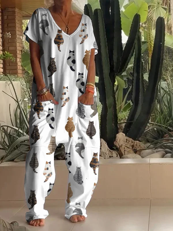 Casual Cute Cat Print V Neck Jumpsuit