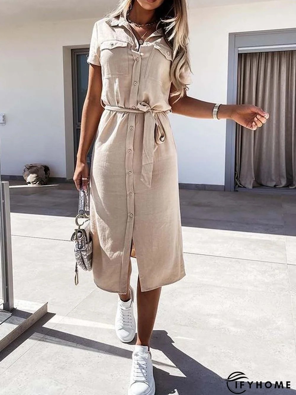 Short Sleeve Cotton-blend Shawl Collar Casual Summer Beige Dress | IFYHOME