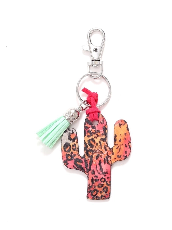 Classic Style Commute Cactus Printing Wood Bag Pendant Keychain