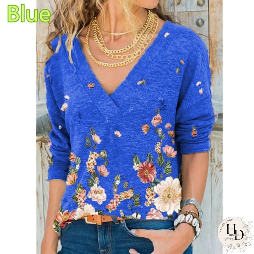 Spring and Autumn New Fashion Womens V-Neck Flowers Print Loose Long Sleeve T-Shirt Casual