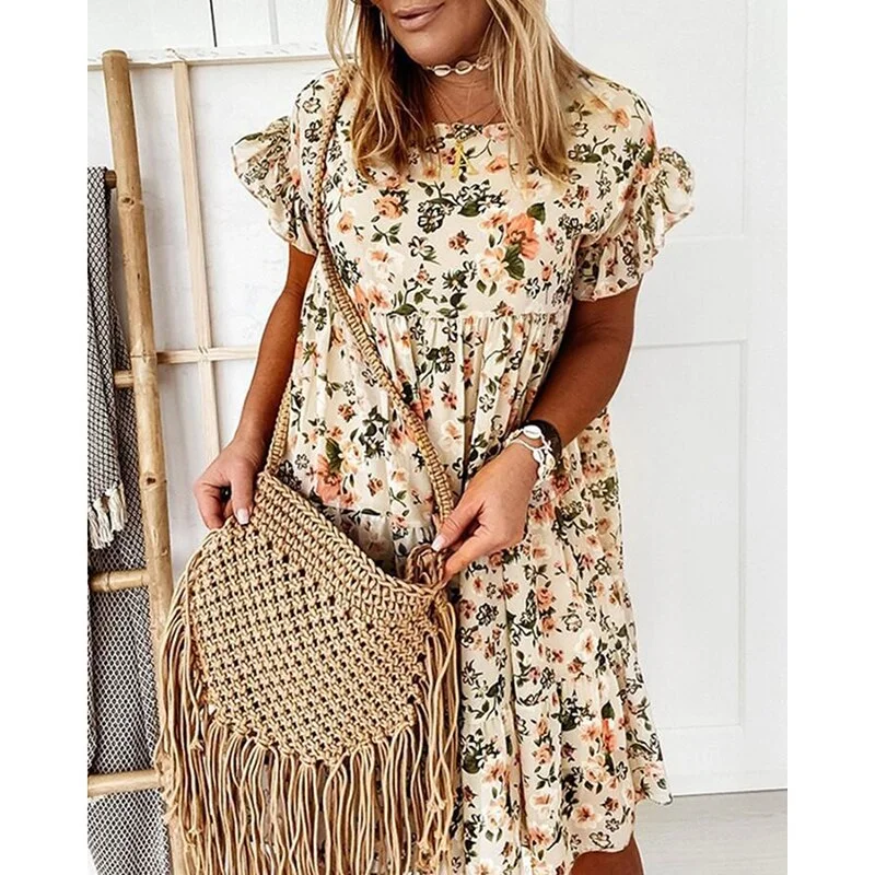 Summer Floral Boho Dress 2021 Elegant Women Bohemian Beach Short Sleeve Ruffles Dress Casual Female Mini Dresses for Women