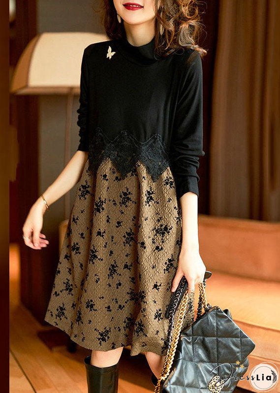 Vogue Black Turtleneck Lace Patchwork Maxi Dress Fall