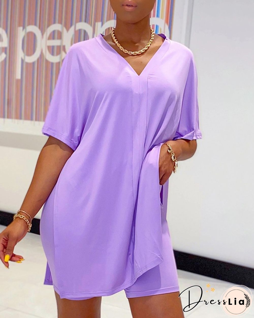 Batwing Sleeve Slit Top & High Waist Shorts Set