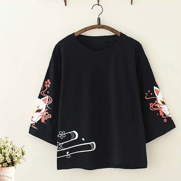 Cute Fox Print Loose T-Shirt  - Modakawa Modakawa