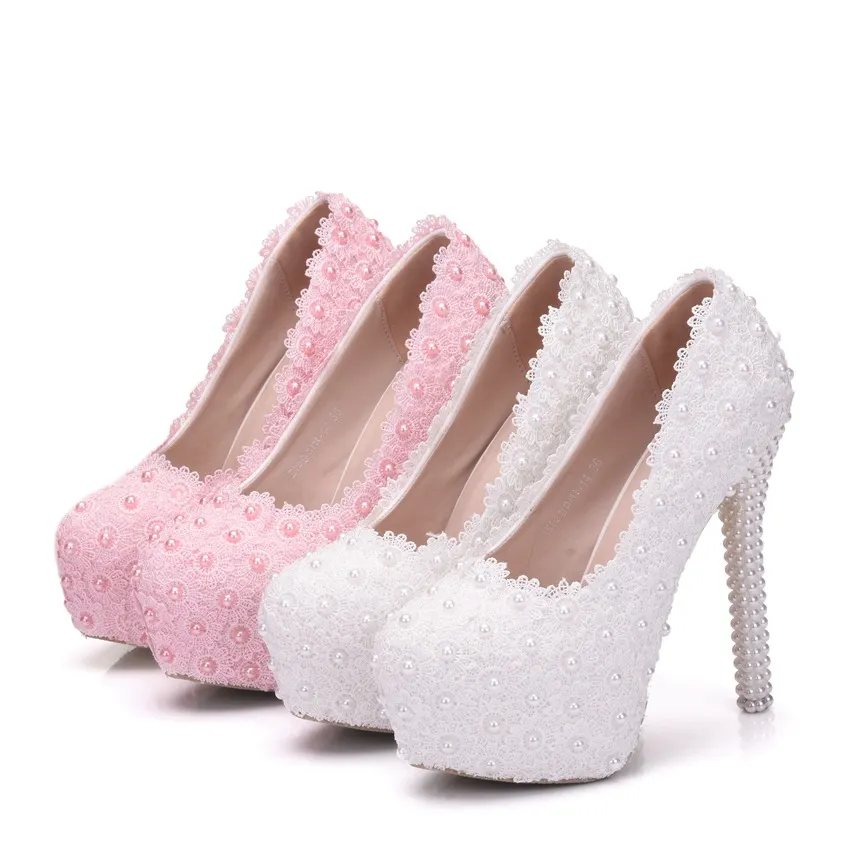 Breakj Breakj Lace Heels Wedding Shoes Lace Pearl Shoes Size Fine Heel Waterproof Shoes 14WL