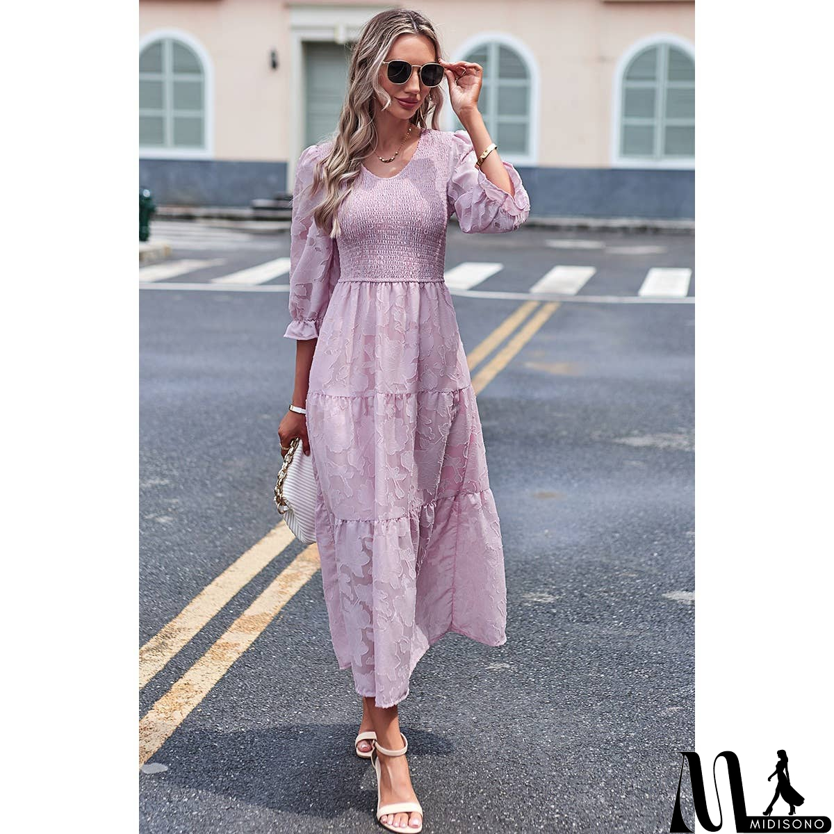 MidiSono - Solid Floral Ruched Color Block Ruffle Full Dress