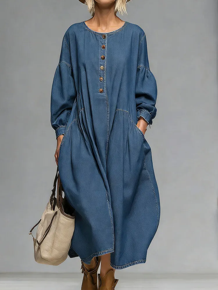 Women's Round Neck Long-sleeved Casual Loose Denim Dress