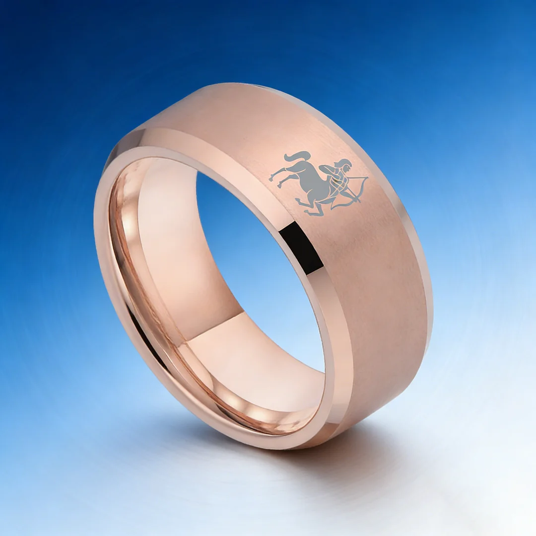 Beveled Edges Rose Gold Laser Etched Tungsten Carbide Bands Rose Gold Sagittarius Couple Wedding Rings 4MM 6MM 8MM Width