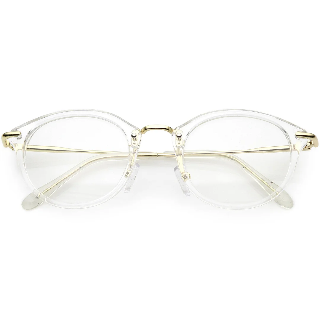 Classic Horn Rimmed Round Eyeglasses Thin Metal Arms Clear Lens 47mm