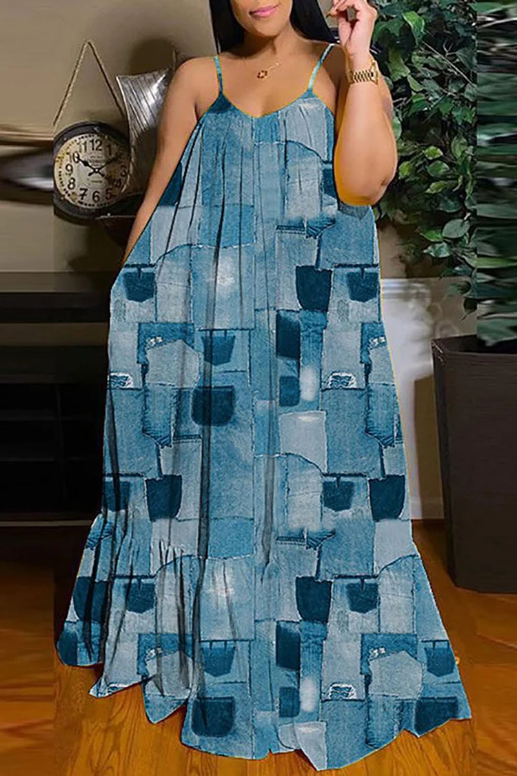 Plus Size Blue Casual Cami Print Loose Patchwork Denim Maxi Dresses 