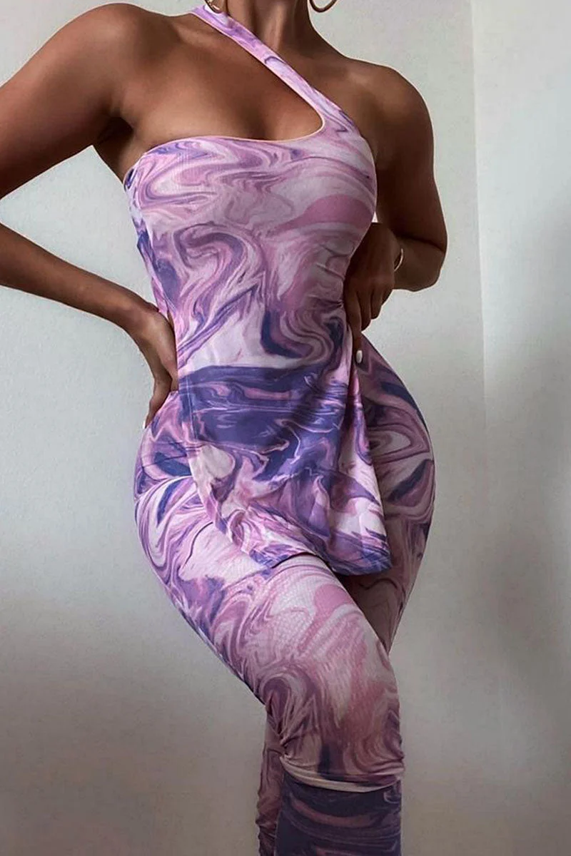 Sexy Print Split Joint Slit Asymmetrical Asymmetrical Collar Sleeveless Two Pieces