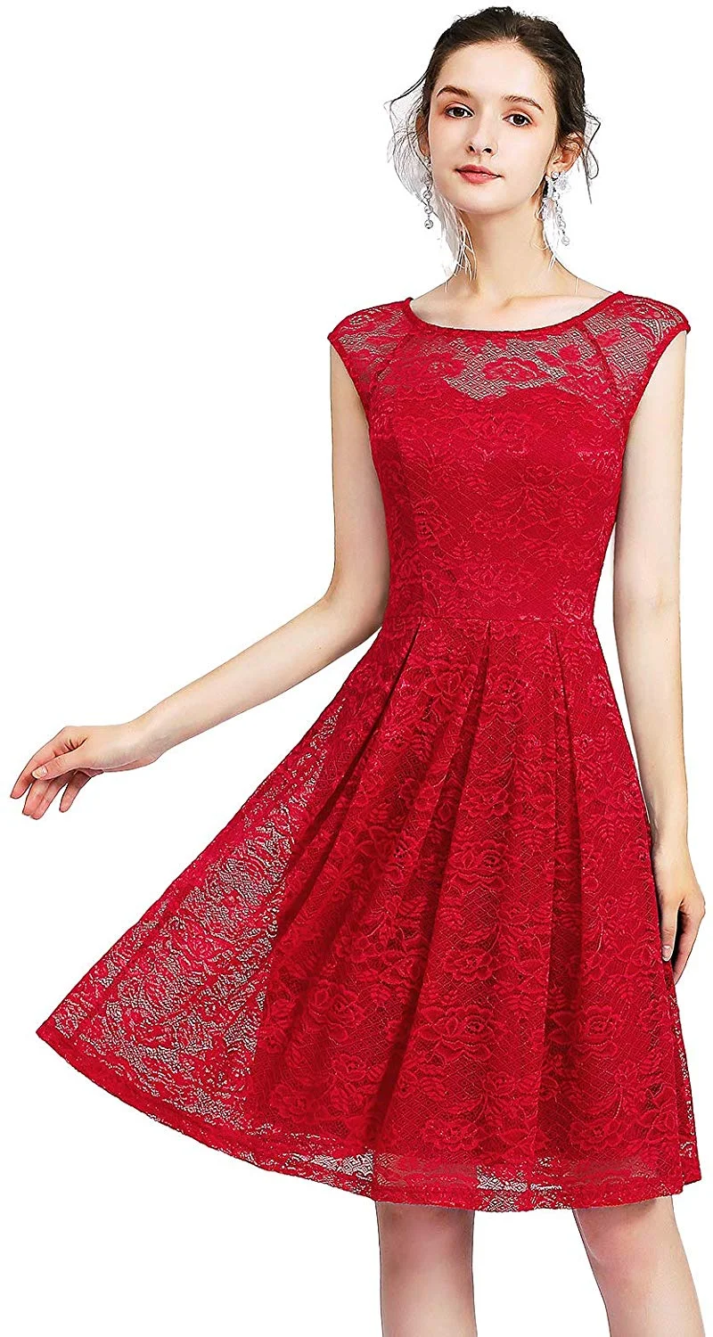 Vintage Floral Lace Sleeveless Bridesmaid Dress Formal Cocktail Party Swing Dress for women