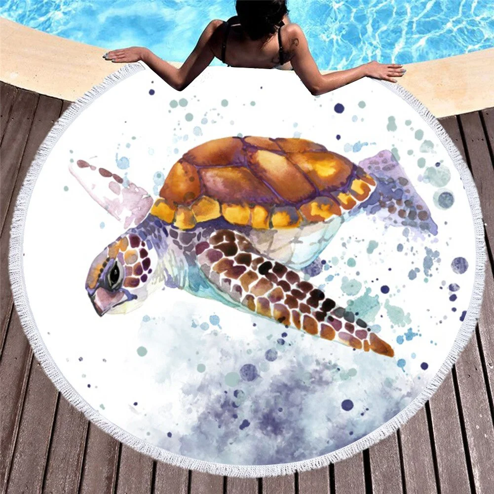 Sea Turtle Printed Round Beach Towel Microfiber Compressed Bath Towel For Adults Kids Summer Quick-Dry Beach Towel With Tassels