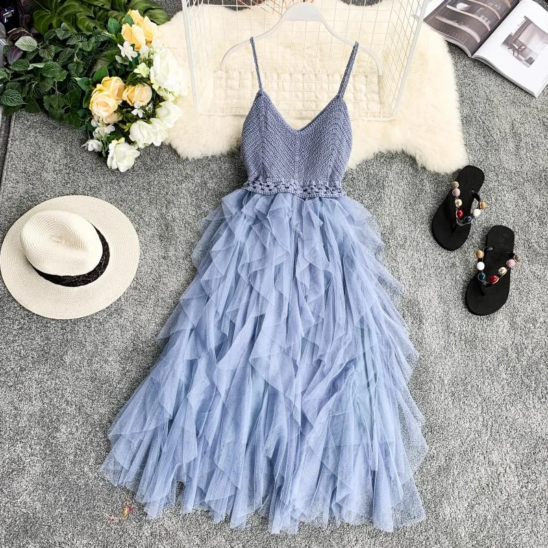 FTLZZ New Women Tulle Dress Summer Mesh Dress Summer High Waist Hem Asymmetrical Pleated Fairy Dress Female Slim Dresses