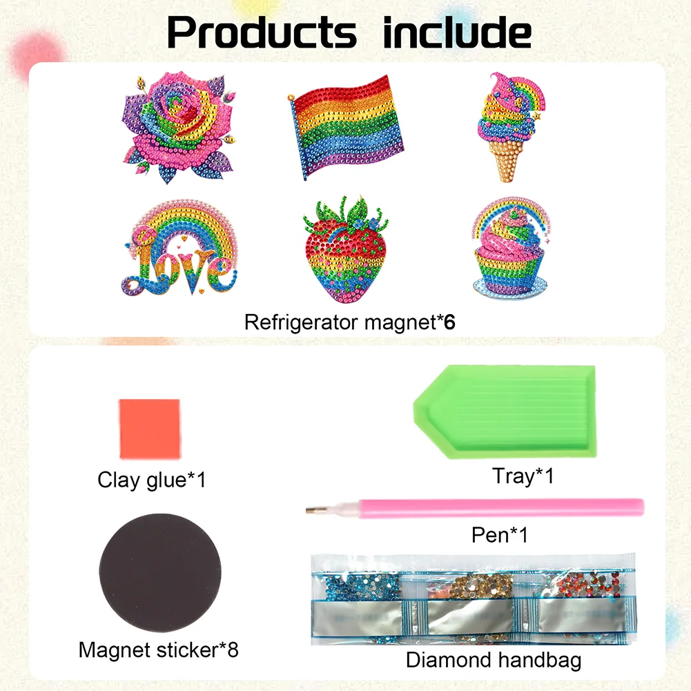 6pcs DIY Rainbow Things Acrylic Special Shape Diamond Painting Fridge Magnets