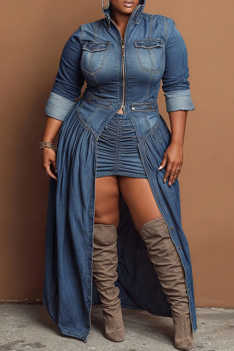 Xpluswear Design Plus Size Festival Blue High Collar Long Sleeve Split Casual Zipper Denim Coat [Pre-Order]
