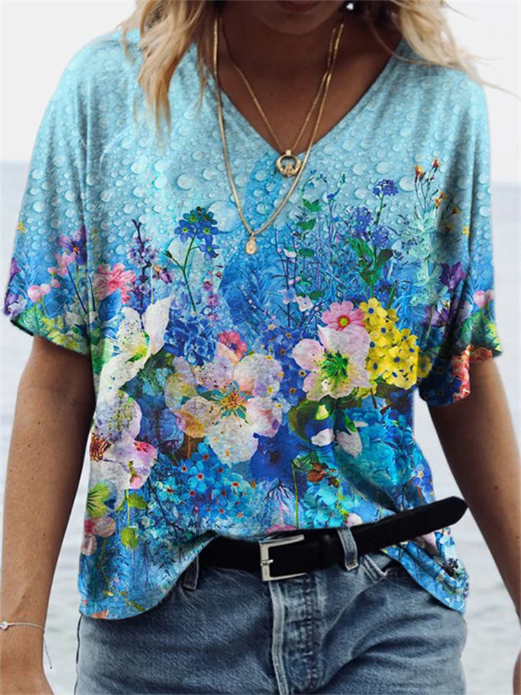 Floral Art Print V Neck T Shirt