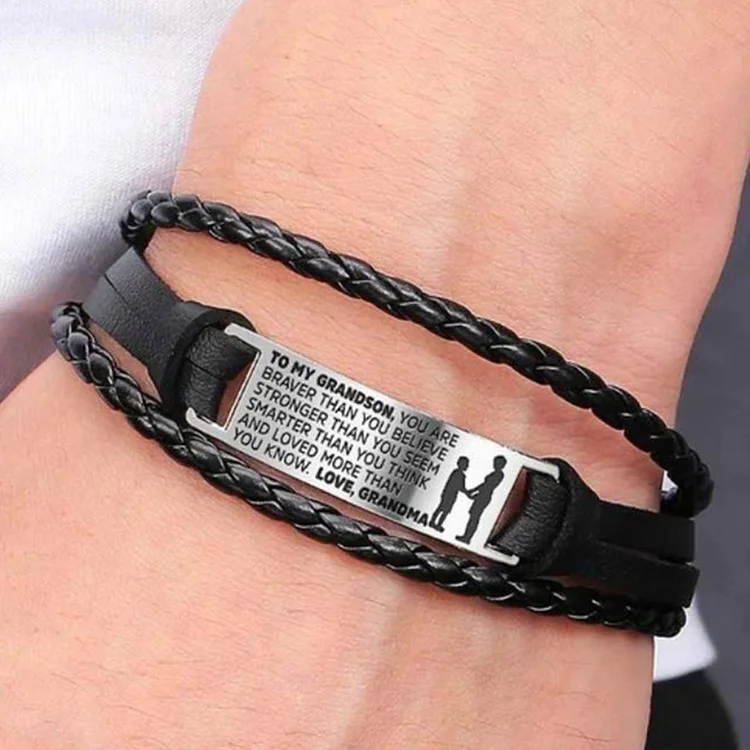 For Grandson - Engraved Leather Bracelet