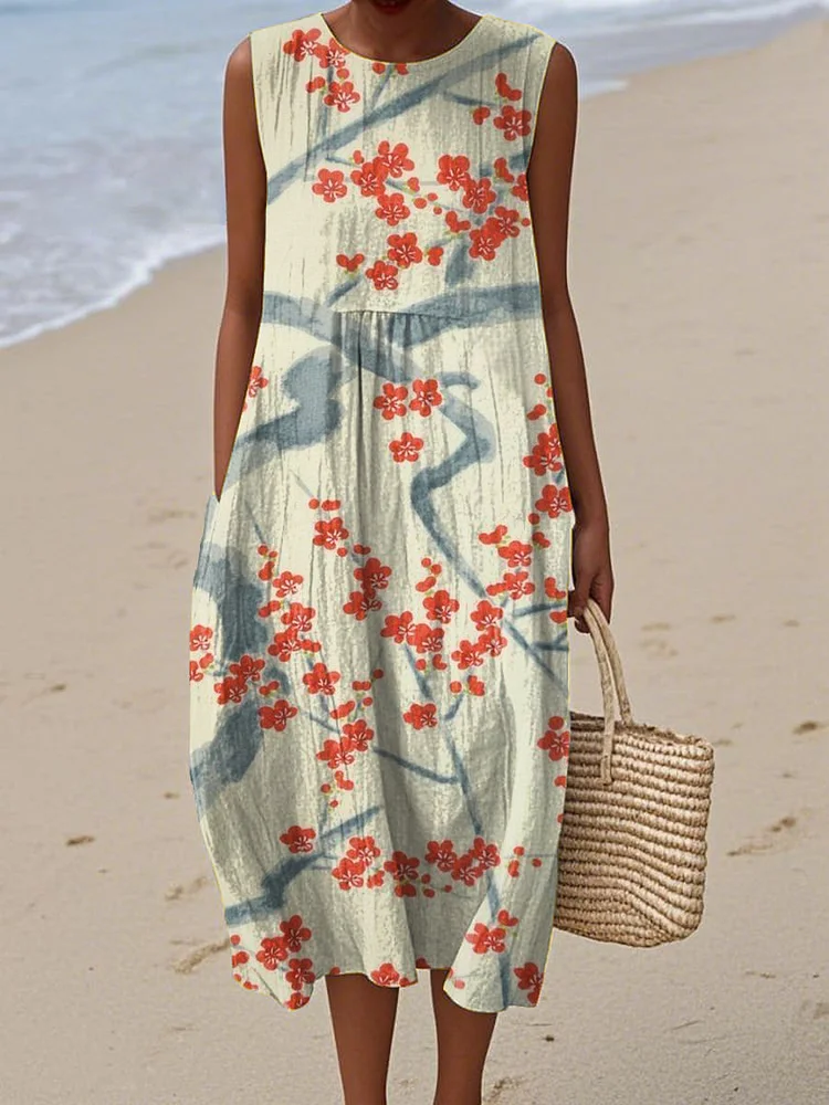 Women's Vintage Chinese Plum Blossom Branch Painting Art Print Sleeveless Cotton Pocket Wrap Dress