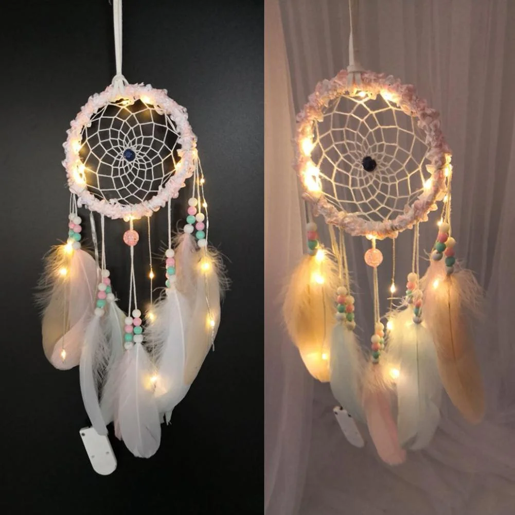 Romantic Feathers Beads Light Dream Catcher Bedroom Hanging Pendant Decor