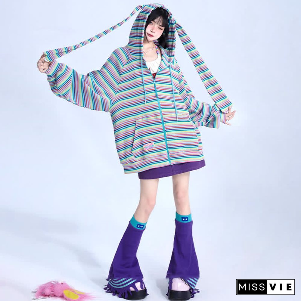 Long Bunny Ears Pocket Oversize Zipper Hooded Sweatshirt