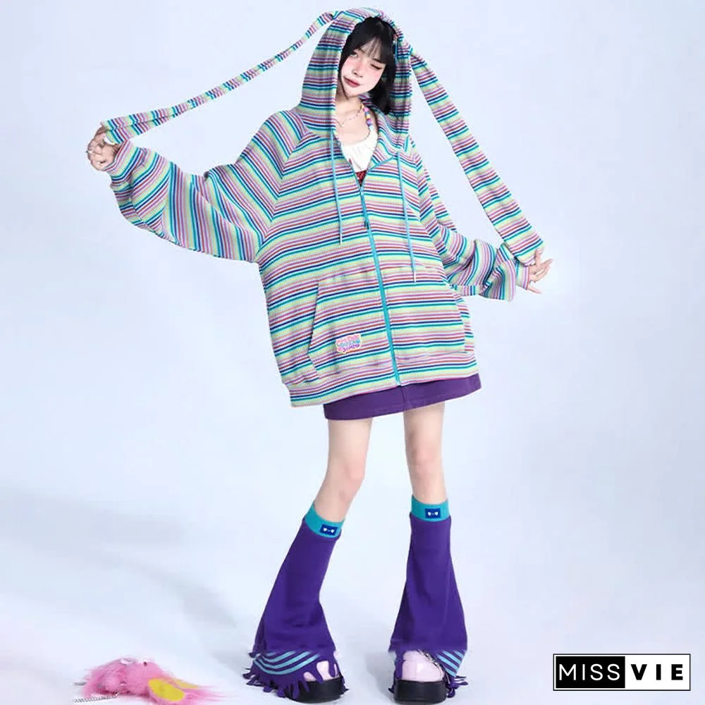 Long Bunny Ears Pocket Oversize Zipper Hooded Sweatshirt