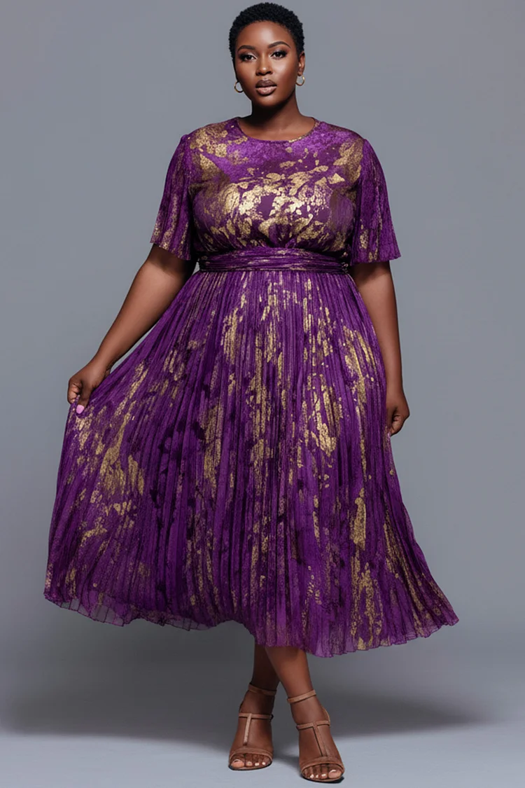 Xpluswear Design Plus Size Cocktail Party Purple All Over Print Round Neck Short Sleeve Pleated Chiffon Midi Dresses [Pre-Order] 2024 - Xpluswear