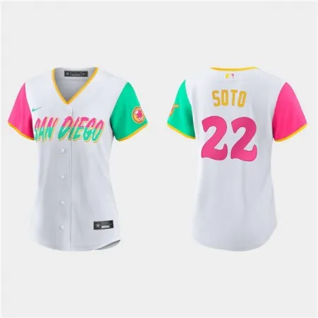 Women's San Diego Padres #22 Juan Soto 2022 White City Connect Cool Base Stitched Baseball Jersey(Run Small)