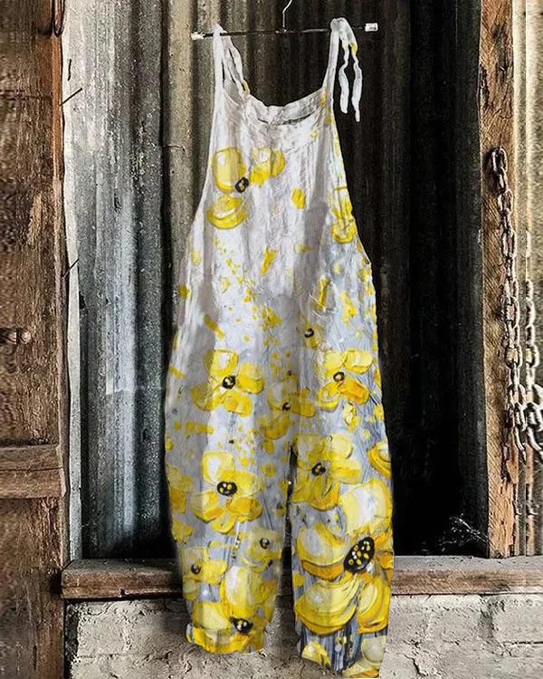 Fashion Oil Painting Style Floral Women Casual Linen Jumpsuits