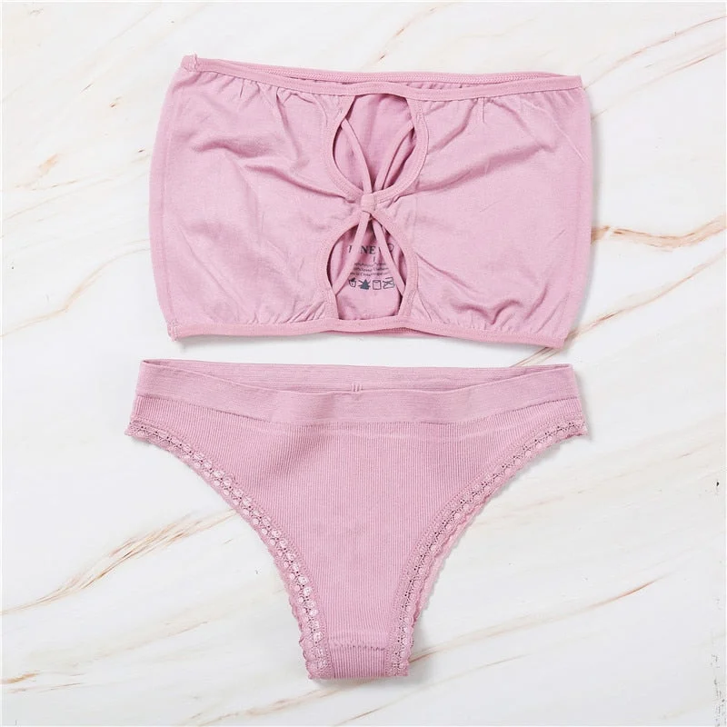 FINETOO Sexy Strapless Women's Underwear Set Seamless Woman Crop Top Suit Front Closure Tank Top + Lace Panty Push Up Lingerie