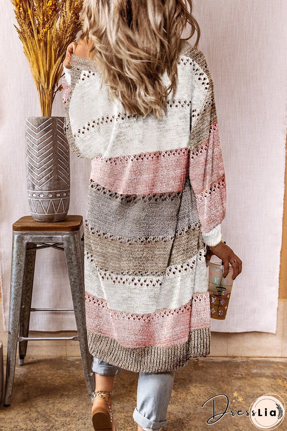 Knitted Long Sleeve Knee Length Open Front Sweater Cardigan