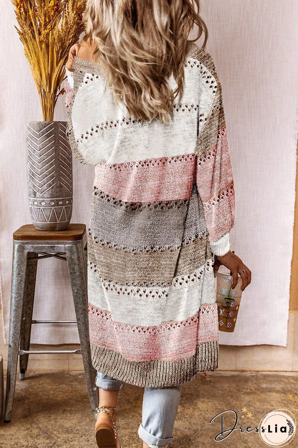 Knitted Long Sleeve Knee Length Open Front Sweater Cardigan