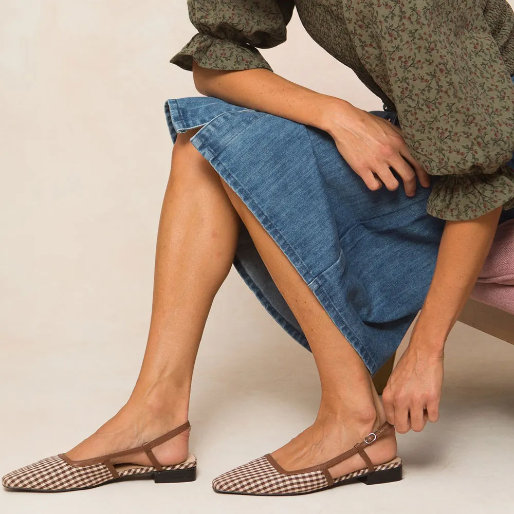 Brown & White Plaid Square Toe Slingback Flat Shoes for Women
