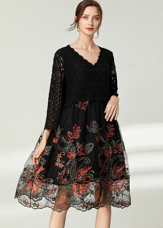 Modern Black V Neck Hollow Out Lace Dresses Spring CK2511- Fabulory