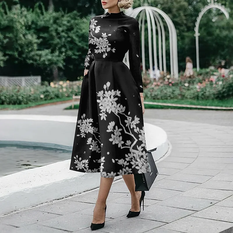 Floral Print Long Sleeve Midi Dress