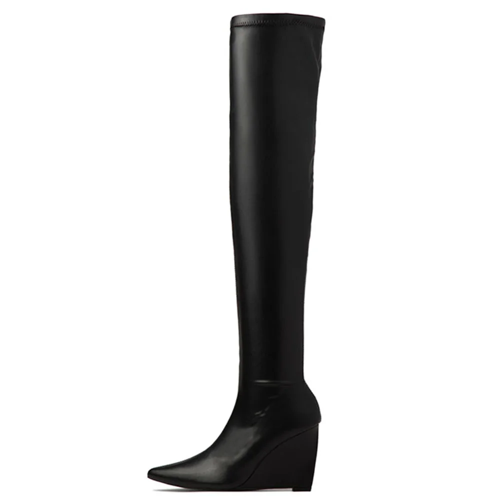 Black Pointy Toe Boots Wedge Heel Over The Knee High Boots