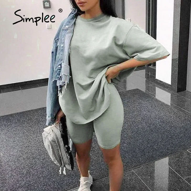Simplee Casual Solid Outfits Women's Two Piece Suit with Belt Home Loose Sports Tracksuits Fashion Bicycle Summer Hot Suit 2020