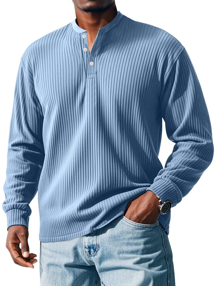 Men's Pit Button Casual Solid Color Long Sleeve Henley Shirt