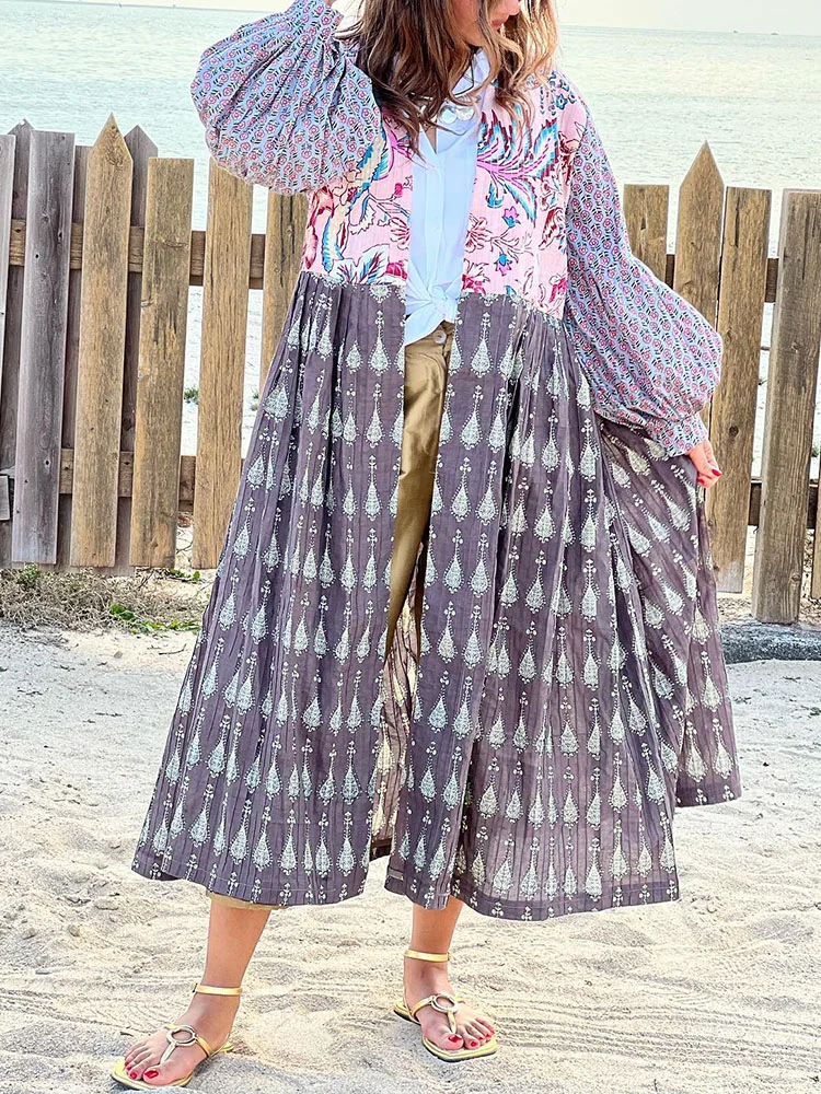 Fashion Casual Vintage Printed Long Sleeve Cardigan Abaya Robe