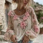 Women's Pink Rose Embroidery Art Round Neck Long Sleeve Linen Blend T-shirt - Image 2