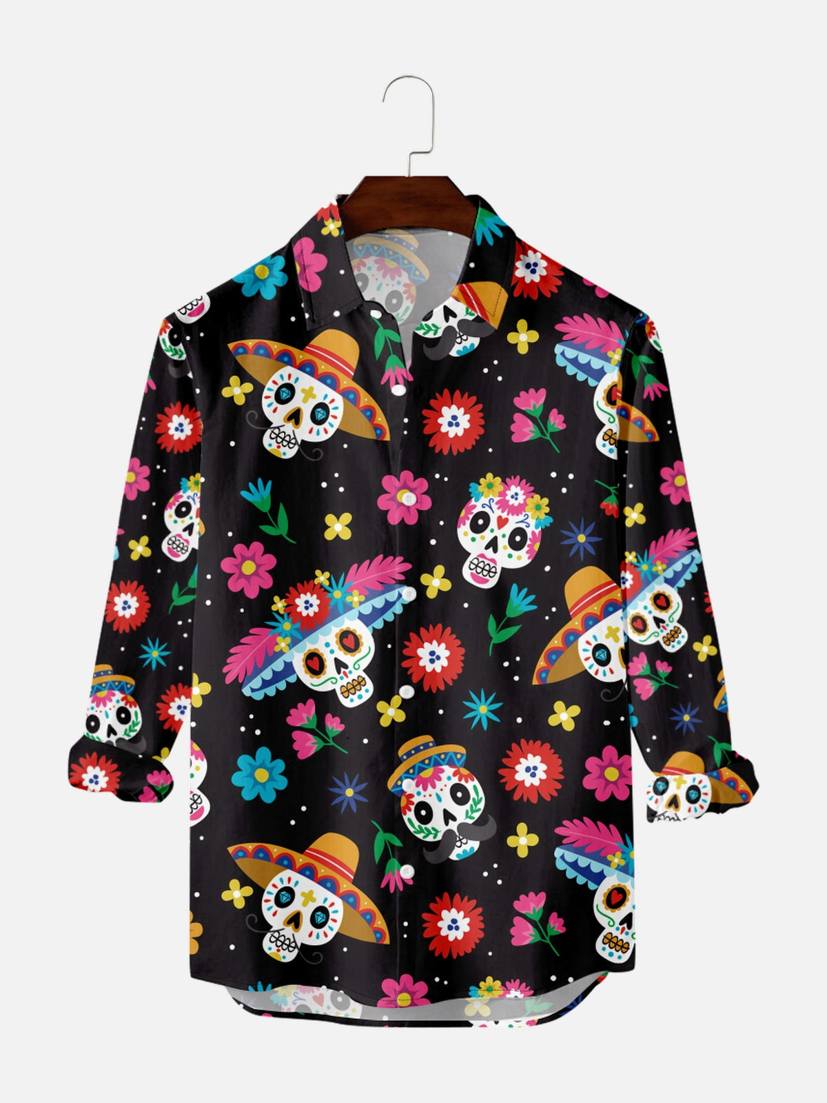 Men's Day Of The Dead Colorful Skull Pattern Long Sleeve Shirt PLUSCLOTHESMAN