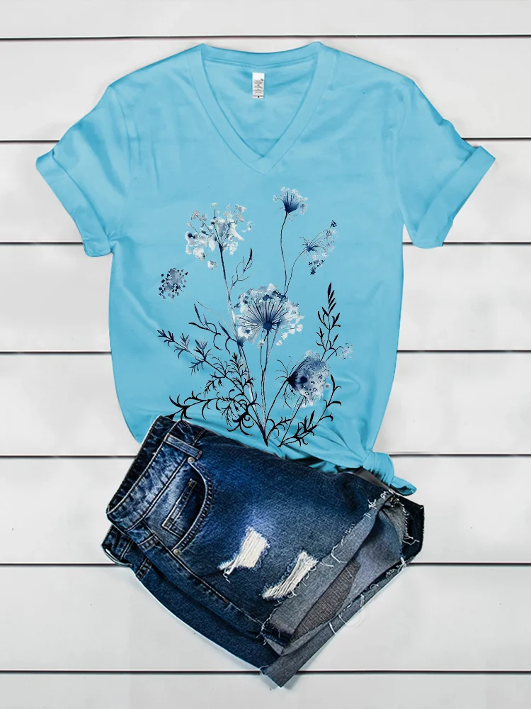 Blue Flower Printed V-neck Women's T-shirt