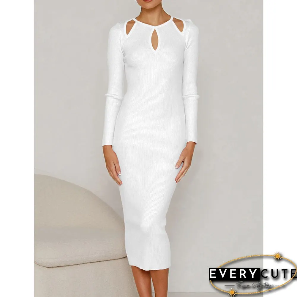 White Cut-out Ribbed Long Sleeve Bodycon Dress