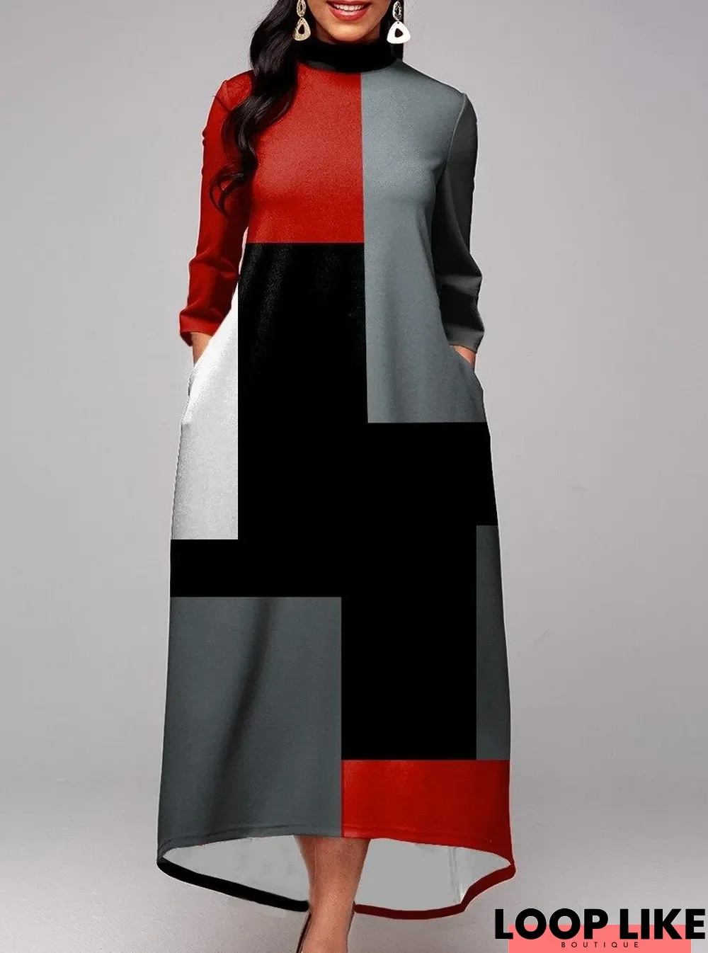 Casual Color Matching High Neck Long Sleeves Maxi Dress