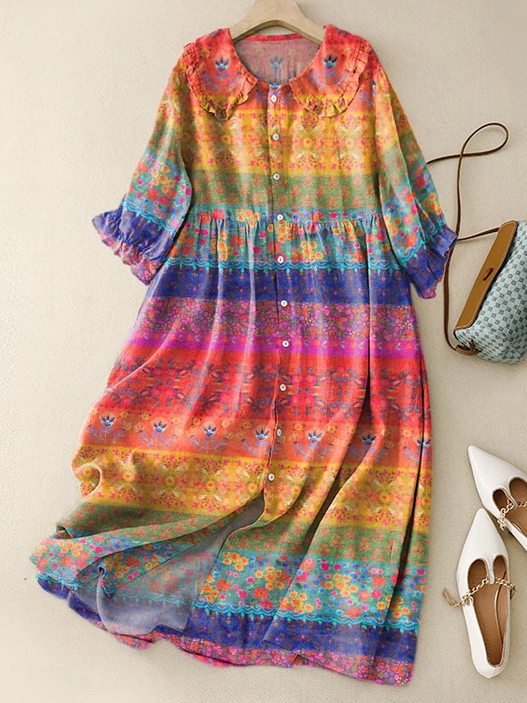Women‘s Vintage Lovely Floral Pattern Art Print Peter Pan Collar Cotton Dress