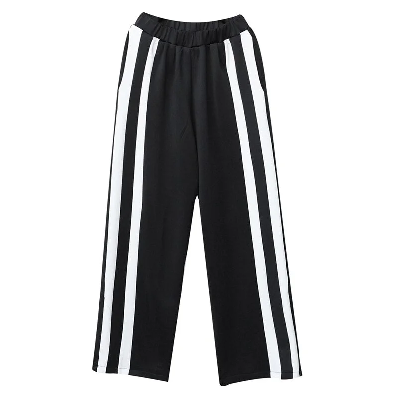 Korean High Elastic Waist Black Striped Contrast Color Trousers New Loose Fit Pants Women Fashion Spring Autumn Clothing 2021